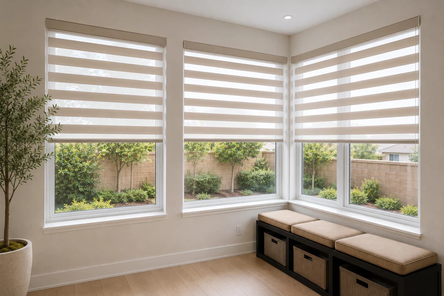 Zebra shades installed across a corner window arrangement.